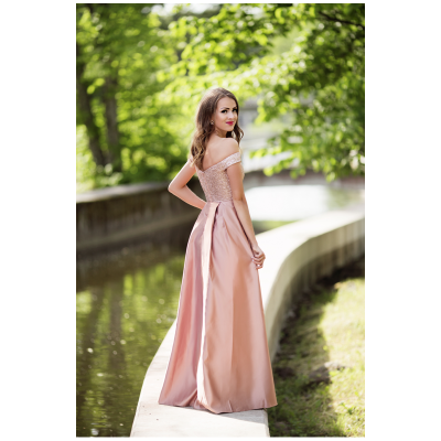 Rochie eleganta clasica roz lunga cu bust din sclipici